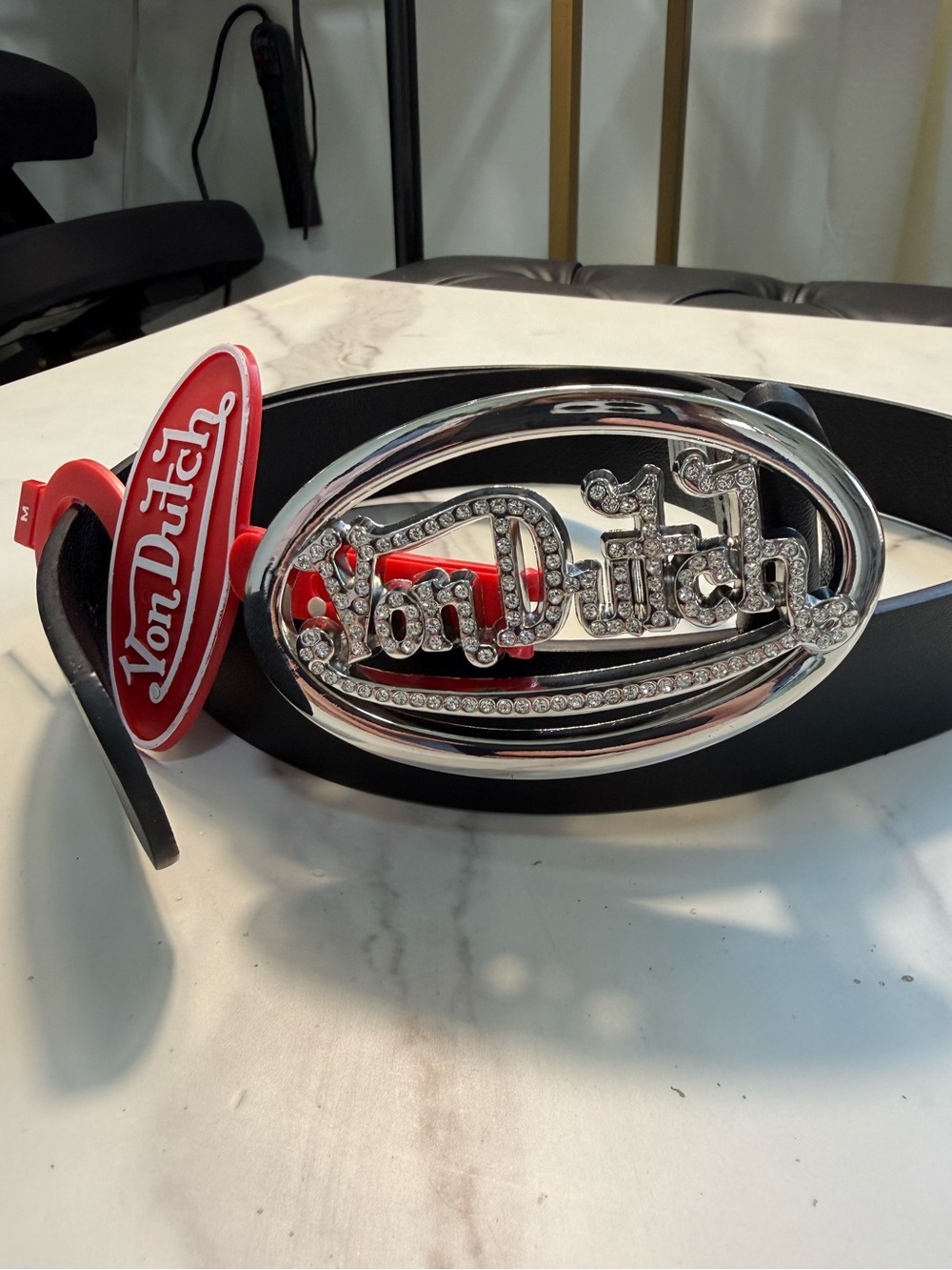 Von Dutch Black Leather Belt with Silver Crystal Logo Oval Buckle